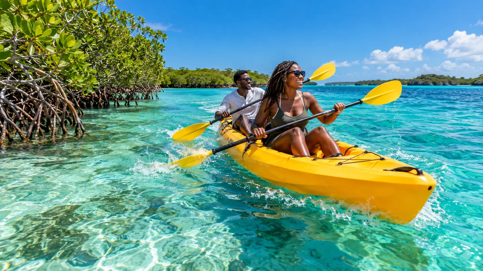 Travellers kayaking through vivid turquoise water beside mangroves
